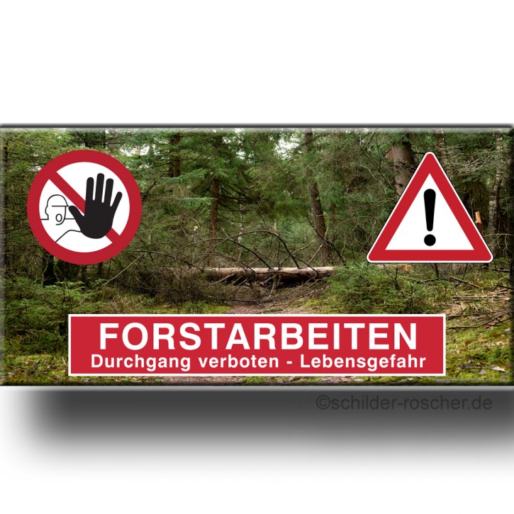 Banner / Plane mit Ösen STOP ACHTUNG Forstarbeiten Durchgang verboten Lebensgefahr mit Symbolhinweisen 1500 x 750 mm